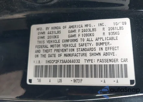 2010 Honda Accord 2.4 Ex from USA, damaged, VIN 1HGCP2F73AA044032